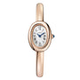 Cartier Baignoire (Size 15) gold women’s wristwatch featuring an oval white face, black Roman numerals, blue hands, smooth gold band, and sapphire cabochon crown set against a white background.