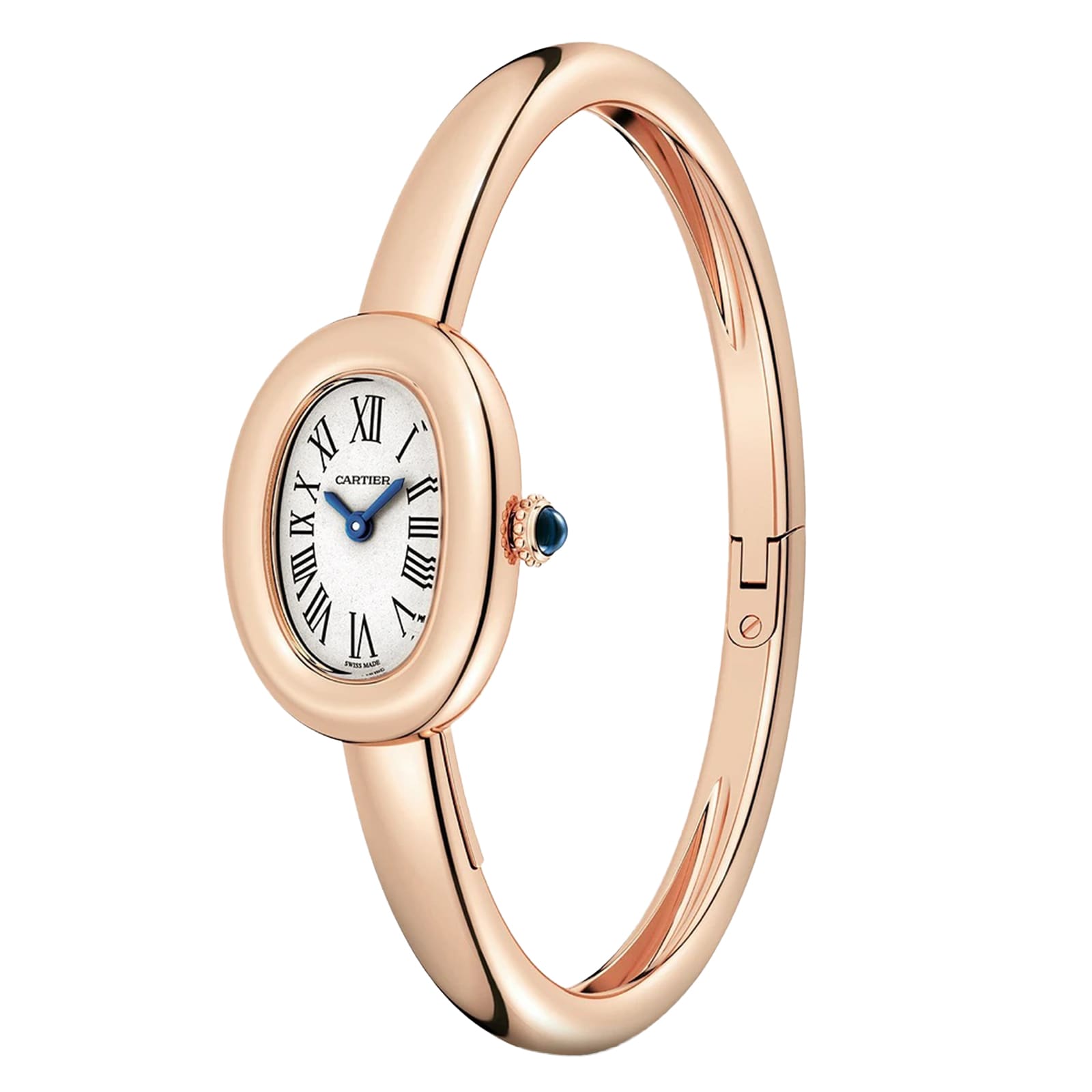 The Cartier Baignoire (Size 15) is a rose gold bangle-style watch featuring an oval face with Roman numerals and a blue sapphire cabochon on the crown.