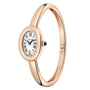 The Cartier Baignoire (Size 15) is a rose gold bangle-style watch featuring an oval face with Roman numerals and a blue sapphire cabochon on the crown.
