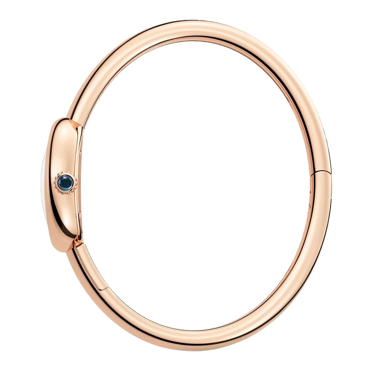The Cartier Baignoire (Size 15) is a rose gold oval bangle bracelet featuring a small sapphire cabochon set in an oval detail, displayed against a white background.
