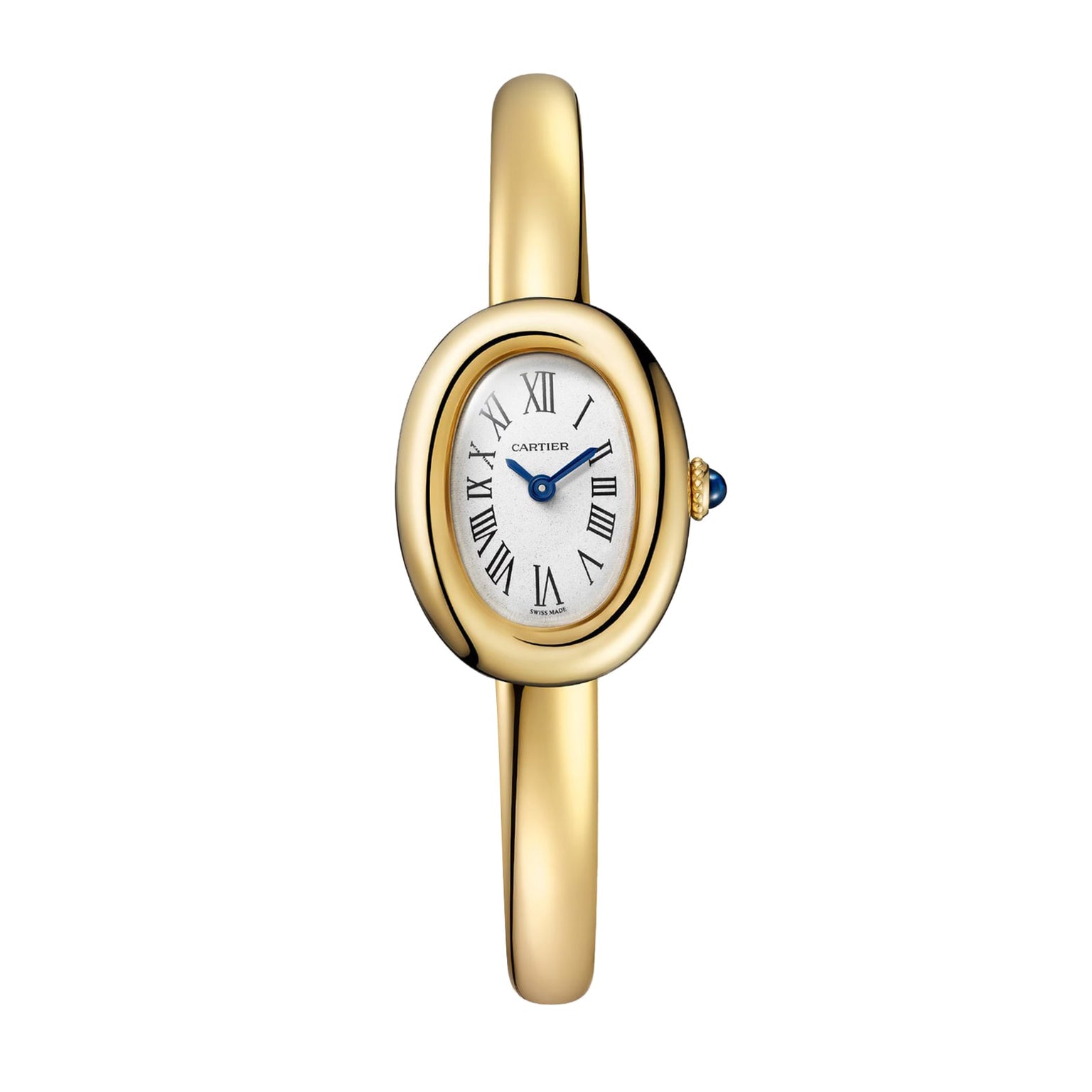 A Cartier Baignoire (Size 17) gold wristwatch featuring an oval face and Roman numerals on a white dial.