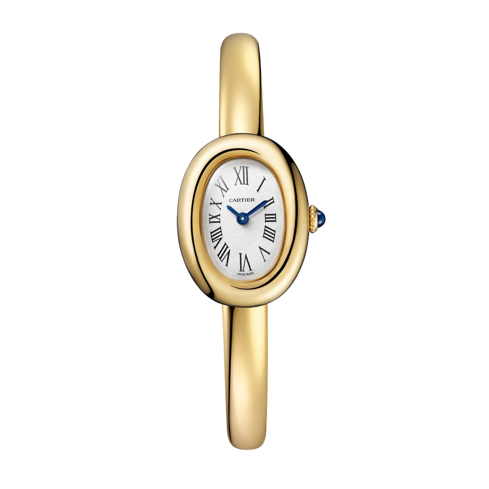 A Cartier Baignoire (Size 17) gold wristwatch featuring an oval face and Roman numerals on a white dial.