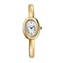 A Cartier Baignoire (Size 17) gold wristwatch featuring an oval face and Roman numerals on a white dial.