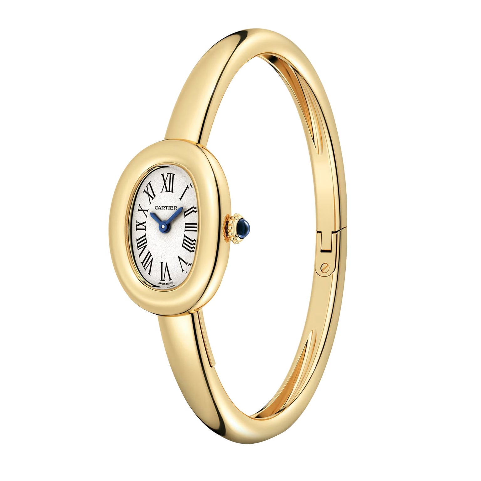 Cartier Baignoire (Size 17) gold bangle watch featuring an oval face, Roman numerals, and a blue-tipped crown.