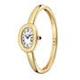 Cartier Baignoire (Size 17) gold bangle watch featuring an oval face, Roman numerals, and a blue-tipped crown.