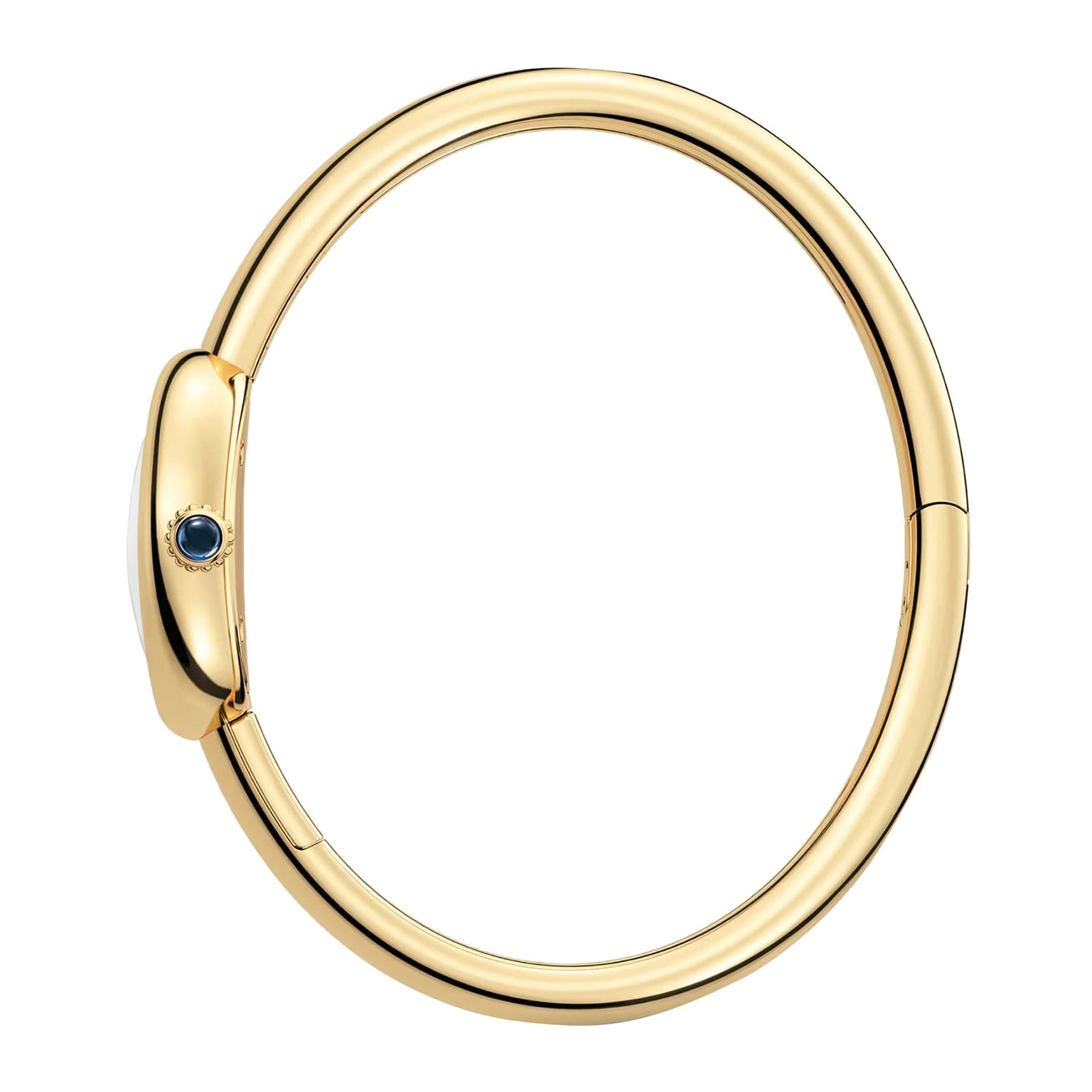 Cartier Baignoire (Size 17) gold bangle bracelet with a rounded clasp and a small blue gemstone detail.