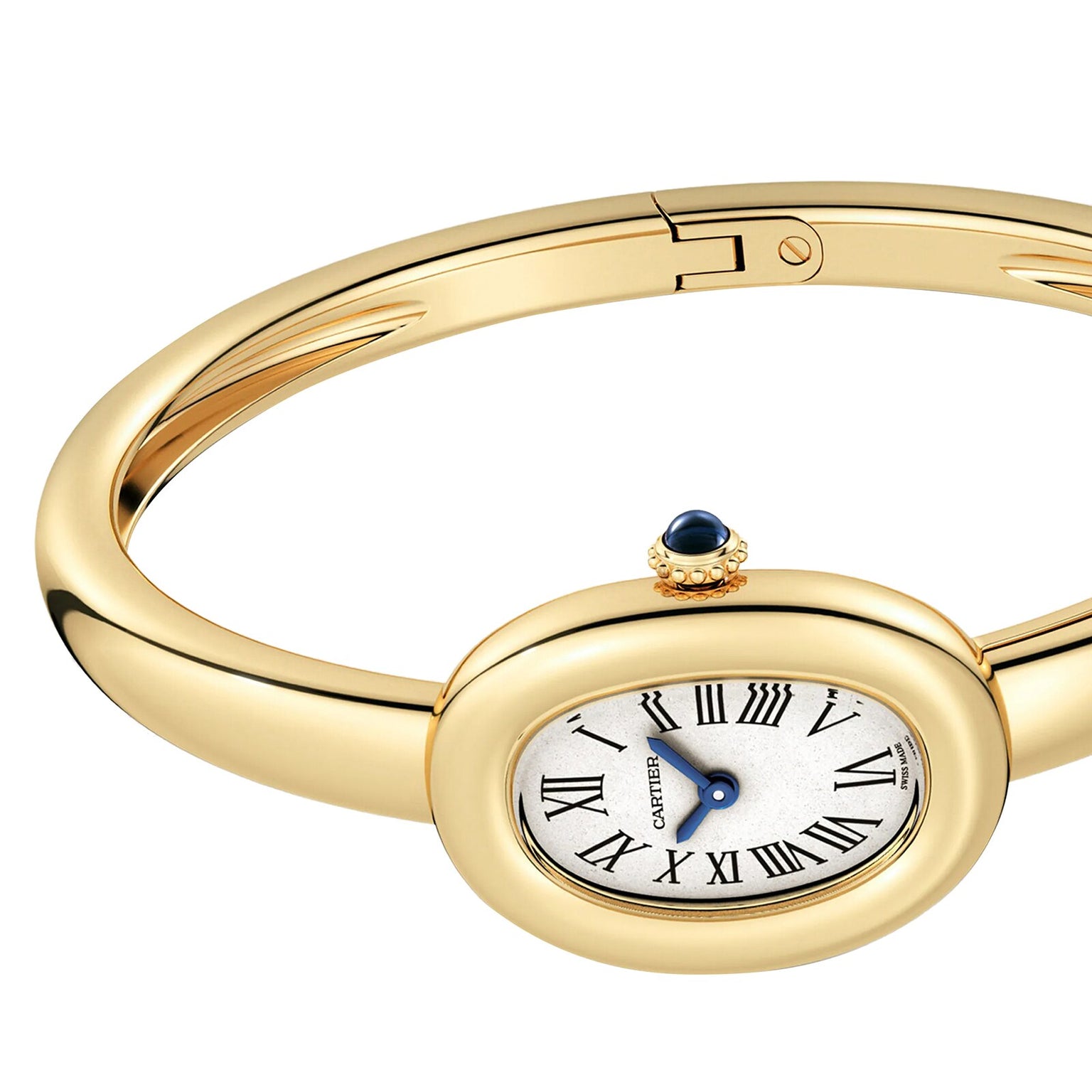 Cartier Baignoire (Size 17) gold oval bracelet watch featuring a white dial with Roman numerals and a blue crown detail.