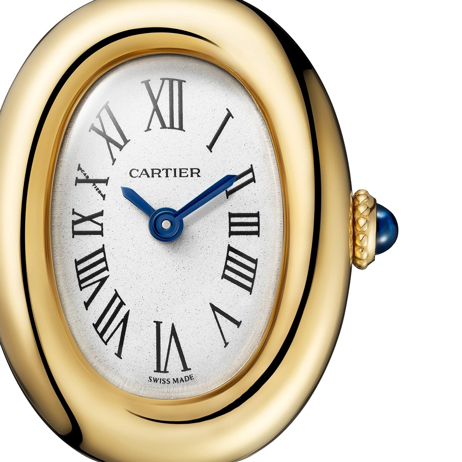 Cartier Baignoire (Size 17) watch with an oval face, Roman numerals, blue hands, and a blue gem-set crown.