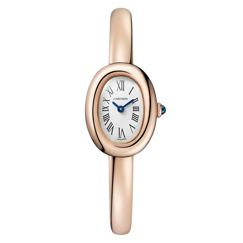 Cartier Baignoire (Size 17) watch in oval rose gold, featuring a Roman numeral dial and slim bracelet band.