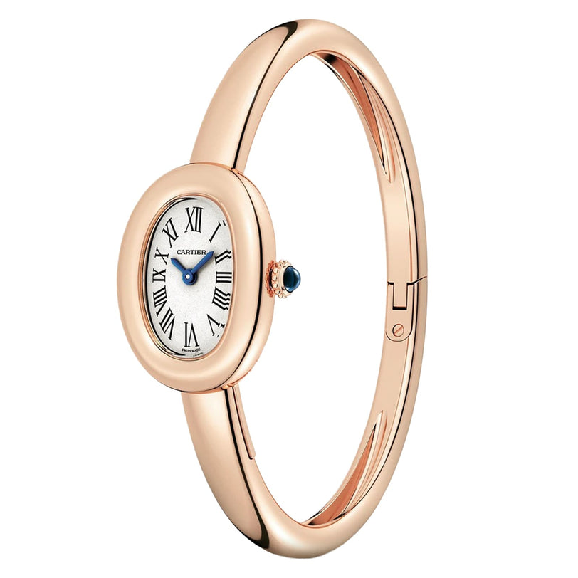 A Cartier Baignoire (Size 17) watch in rose gold featuring a white oval dial with Roman numerals.