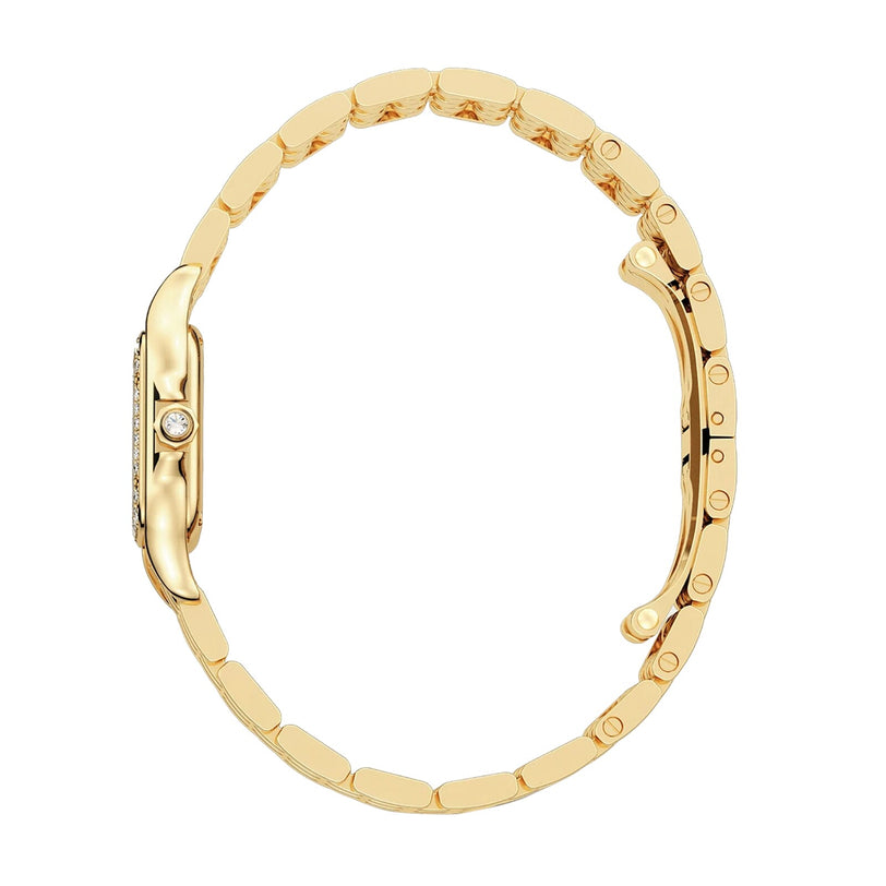 Side view of the Panthère de Cartier Small Model watch by Cartier in yellow gold, featuring a linked bracelet and a small brilliant-cut diamond set into the case.