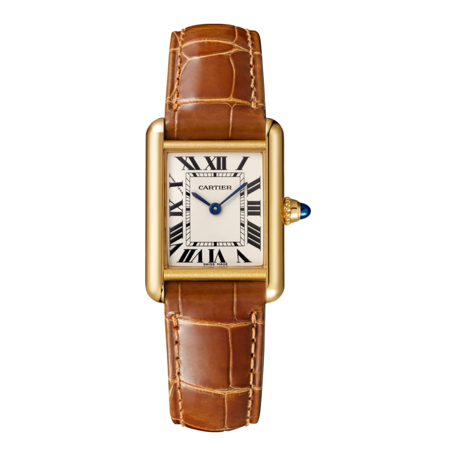 The Cartier Tank Louis Cartier features a rectangular yellow gold case, brown leather strap, white dial with black Roman numerals, blue hands, and a sapphire cabochon-set crown.