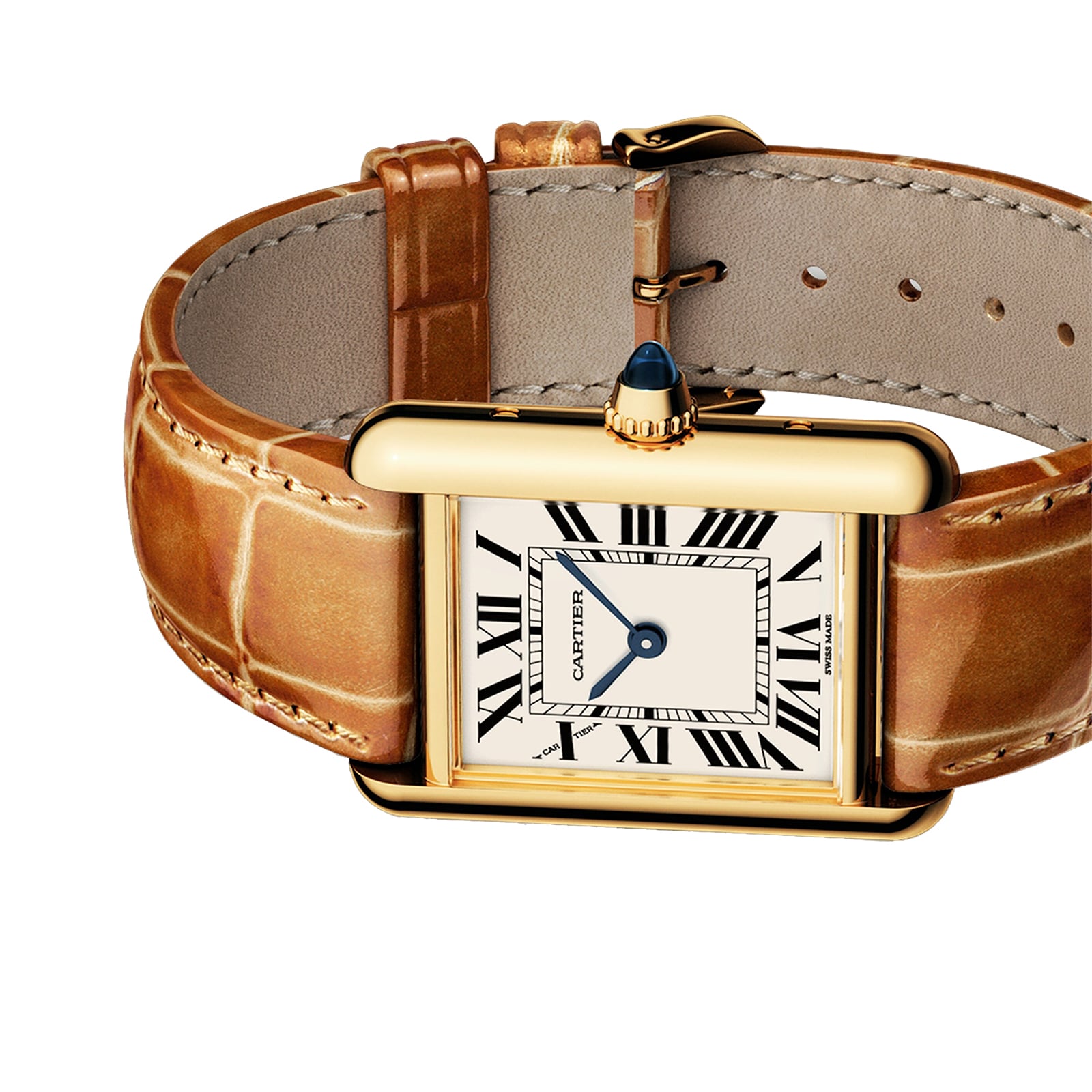The Cartier Tank Louis Cartier watch features a yellow gold case, tan leather strap, Roman numeral markers, and a blue sapphire cabochon on the crown, shown against a white background.