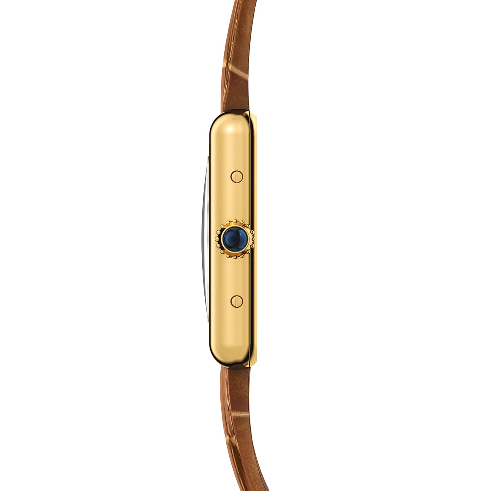 A side view of the Cartier Tank Louis Cartier watch, highlighting its yellow gold case, blue sapphire cabochon crown, and brown leather strap.