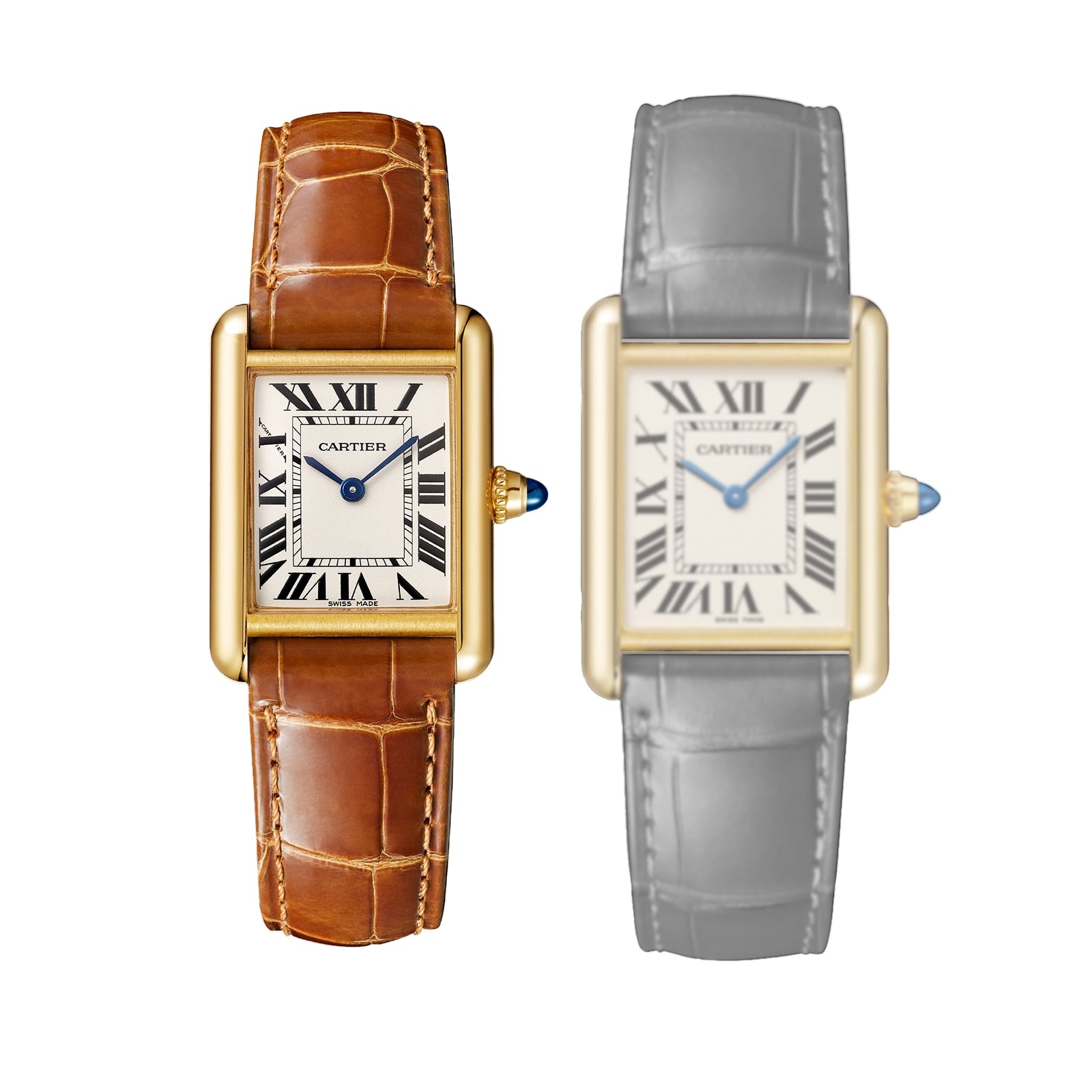 Two Tank Louis Cartier watches by Cartier side by side—left in yellow gold with a brown leather strap and sapphire cabochon crown, right in grayscale; both feature refined Roman numeral dials.