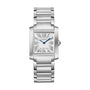 The Cartier Tank Française is a silver luxury watch with a rectangular face, Roman numeral markers, blue hands, and a sleek metal link bracelet.