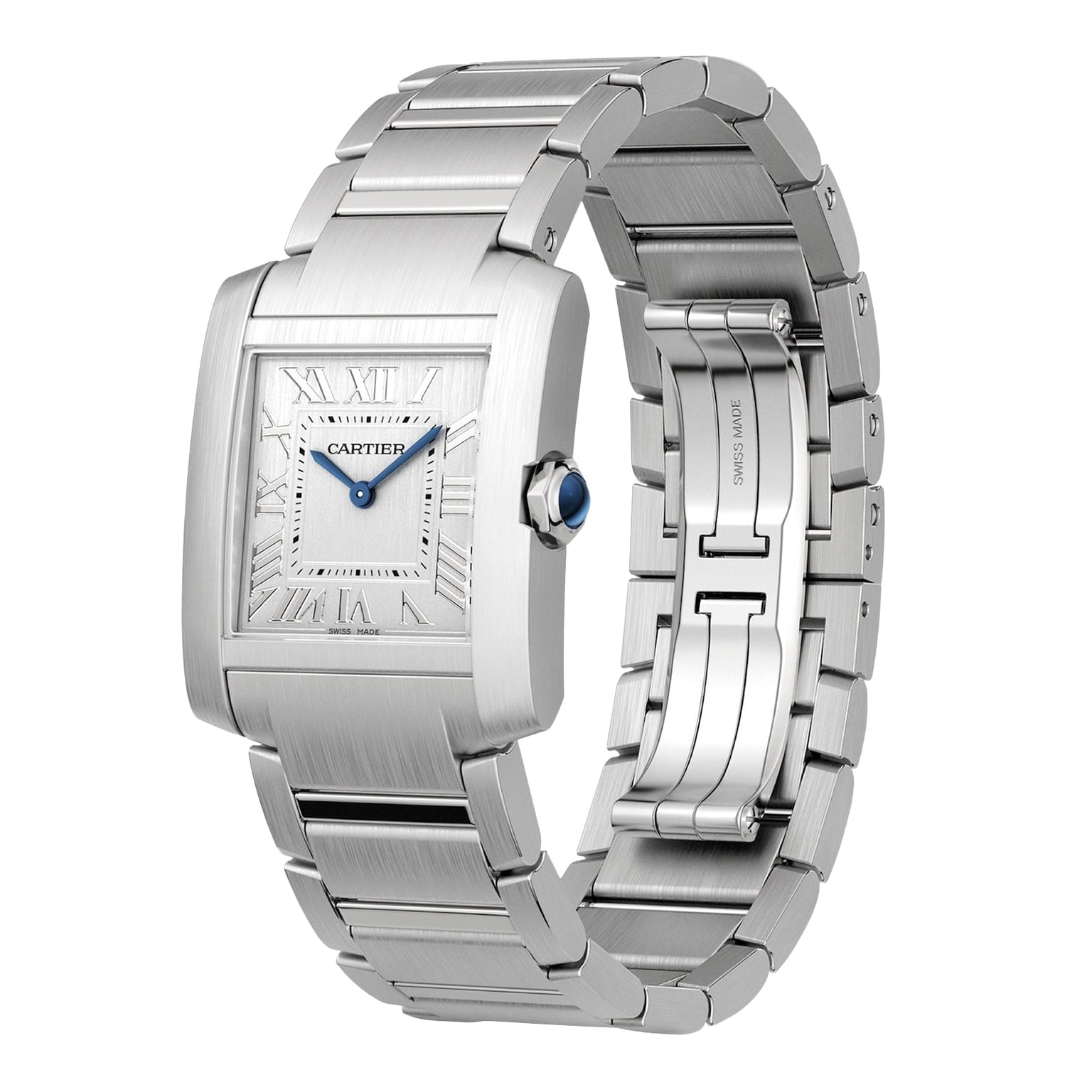 The Cartier Tank Française is a stainless steel luxury watch featuring a square face, Roman numerals, blue hands, and a metal link bracelet, displayed against a white background.