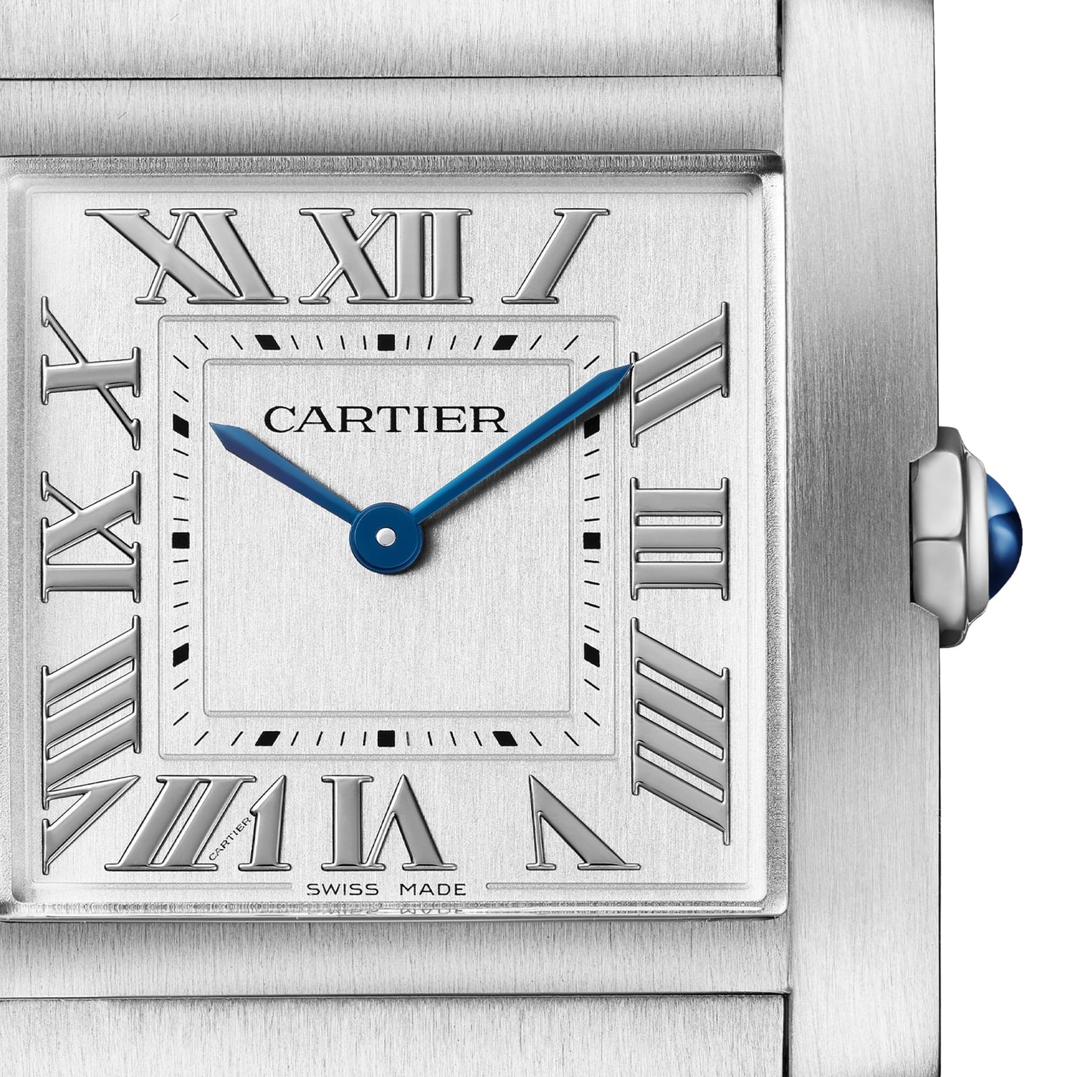 Close-up of the Cartier Tank Française watch, featuring a square silver face, Roman numeral hour markers, blue hands, and Swiss Made text at the bottom.
