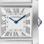 Close-up of the Cartier Tank Française watch, featuring a square silver face, Roman numeral hour markers, blue hands, and Swiss Made text at the bottom.
