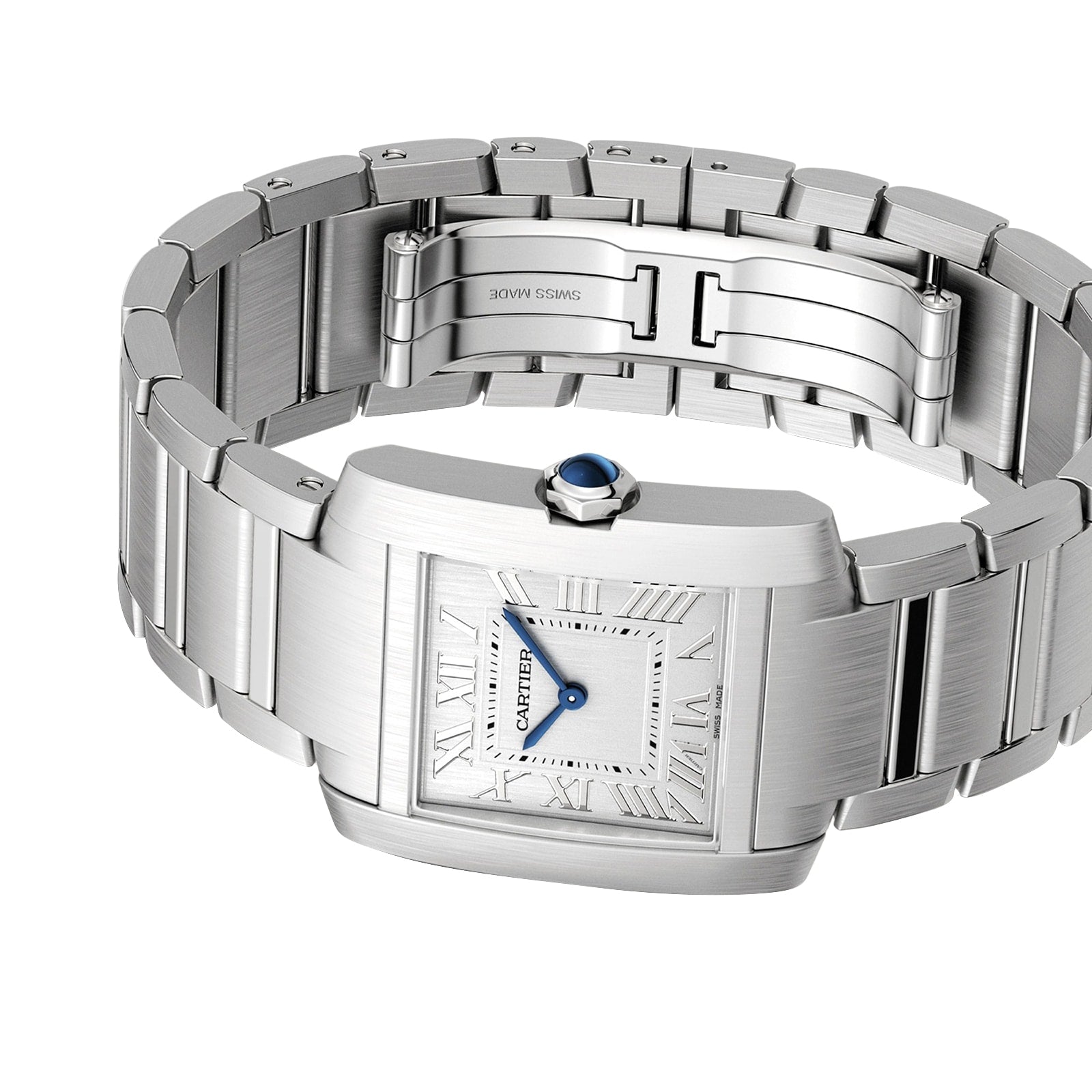 The Cartier Tank Française wristwatch features a square white dial, Roman numerals, blue hands, and a stainless steel link bracelet, elegantly presented against a white background.