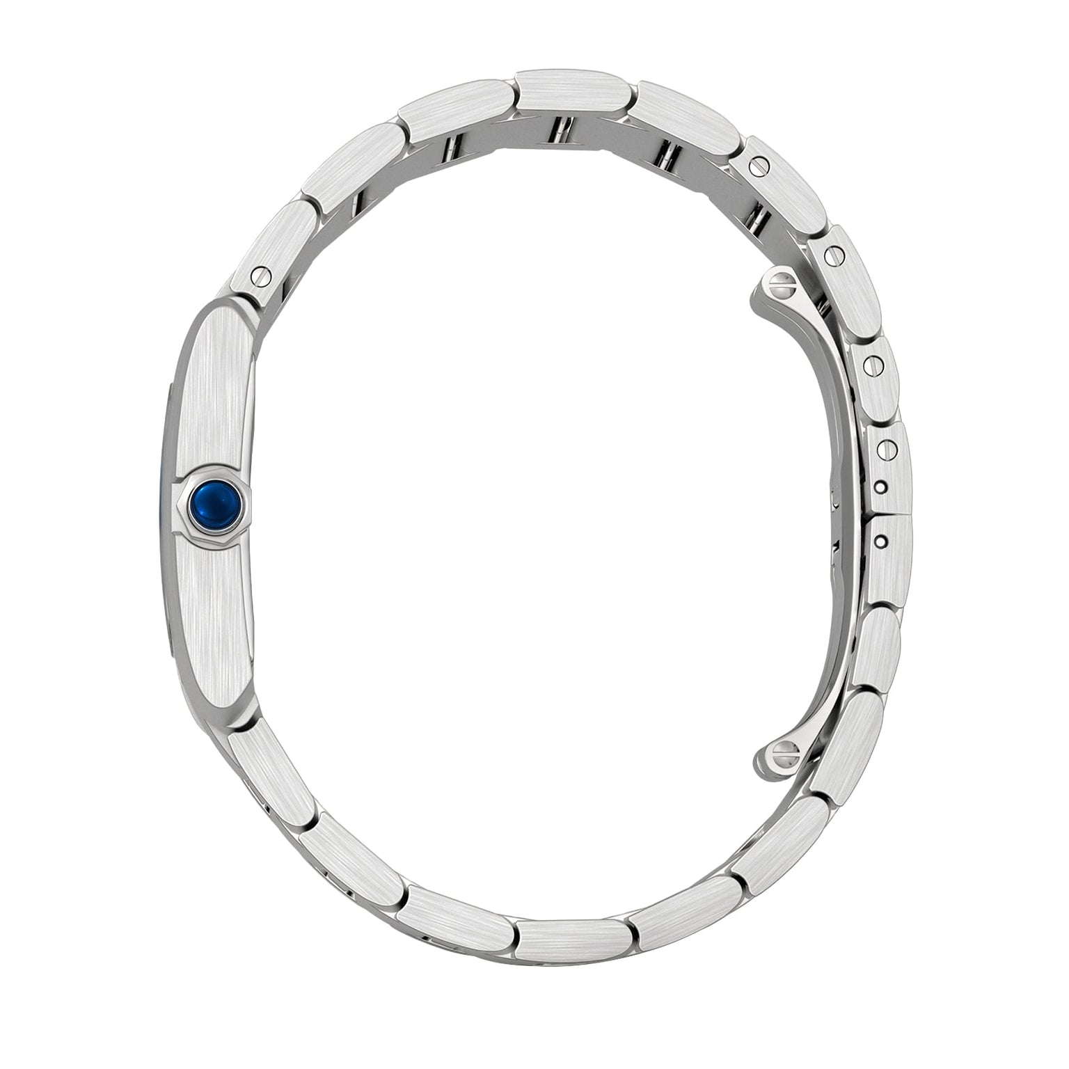 Side view of the Cartier Tank Française, a luxury silver metal watch with a blue crown and partially open bracelet, set against a white background.