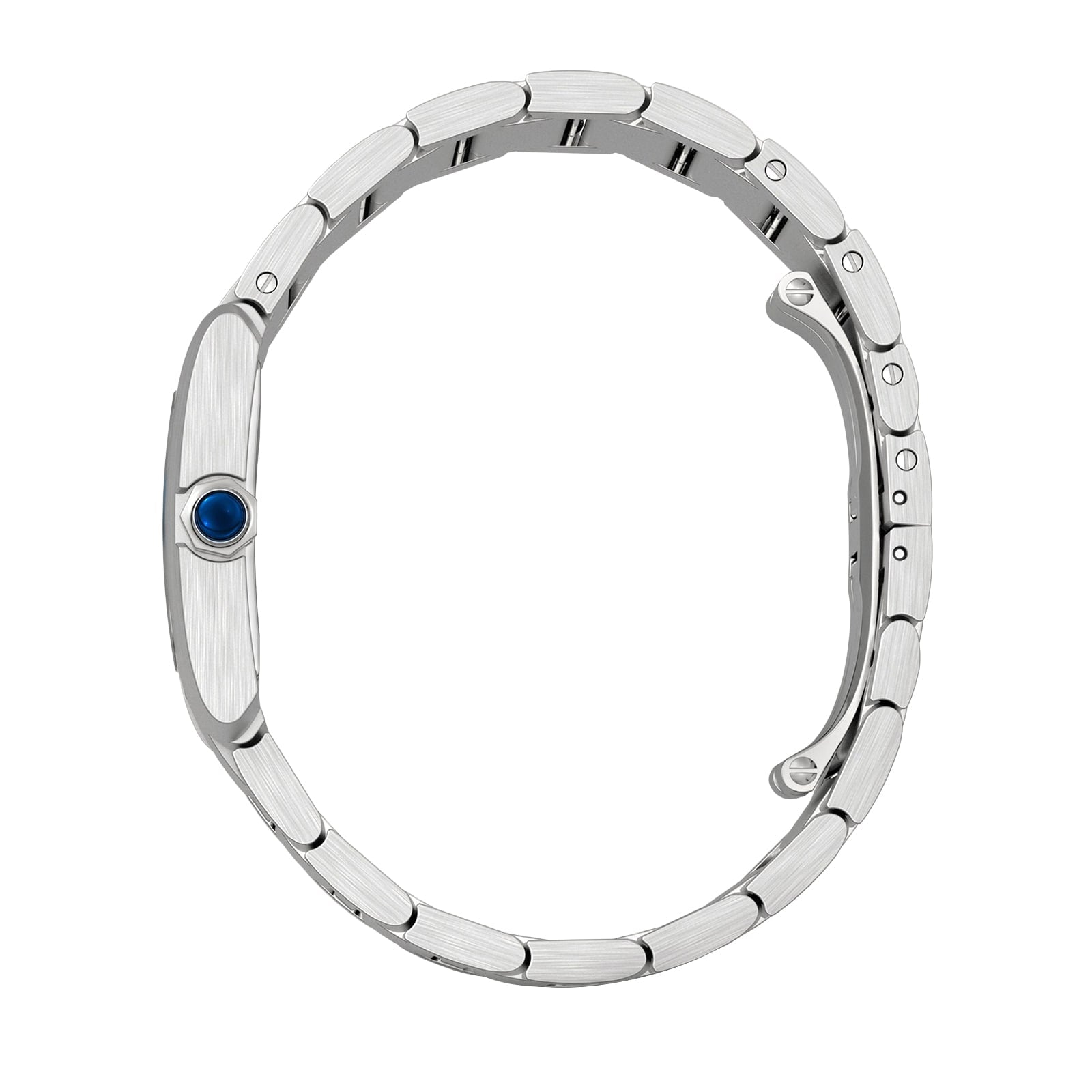 Side view of the Cartier Tank Française, a luxury silver metal watch with a blue crown and partially open bracelet, set against a white background.