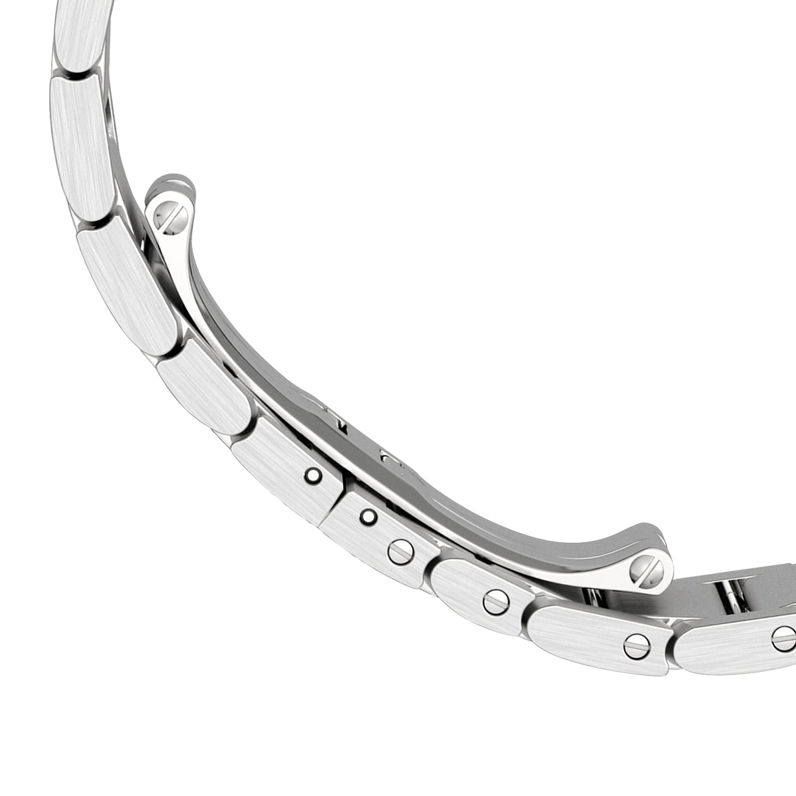Close-up of the silver metal bracelet on the Cartier Tank Française, featuring brushed and polished links in a partially curved design against a white background—a classic detail for Cartier enthusiasts.