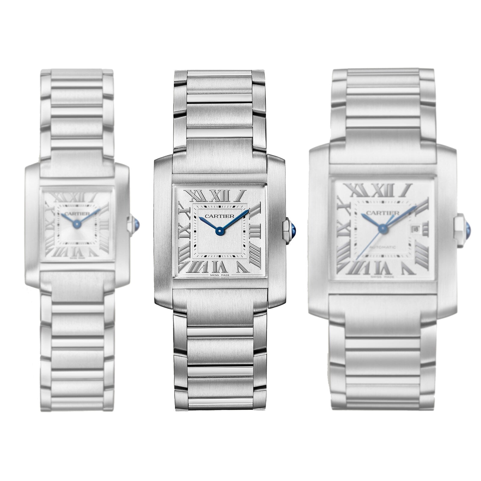 Three Cartier Tank Française watches in different sizes are shown side by side, each with a classic Roman numeral dial and a stainless steel link bracelet.