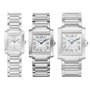 Three Cartier Tank Française watches in different sizes are shown side by side, each with a classic Roman numeral dial and a stainless steel link bracelet.