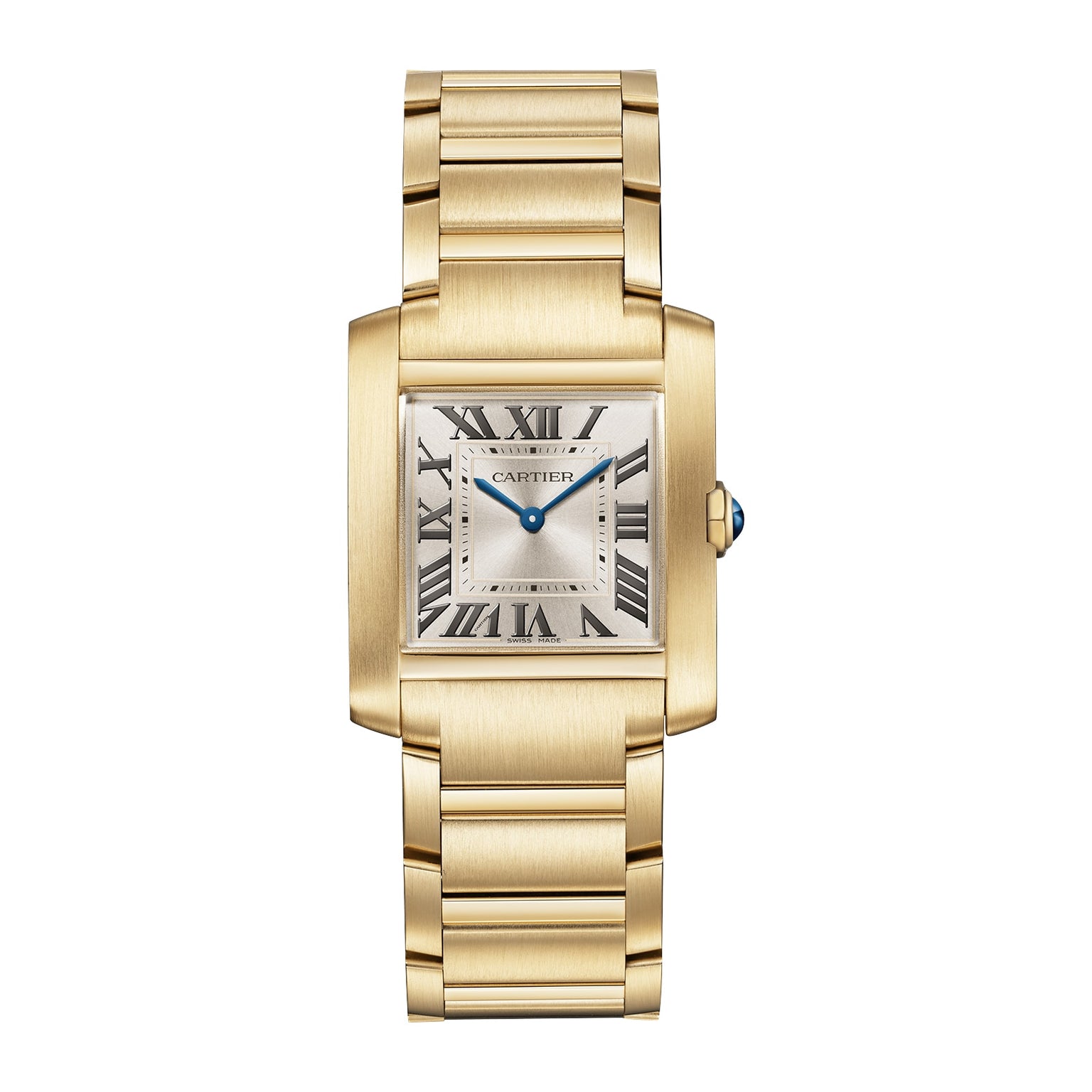 The Cartier Tank Française features a yellow gold bracelet, Roman numeral markers, blue hands, and the Cartier name on the dial.