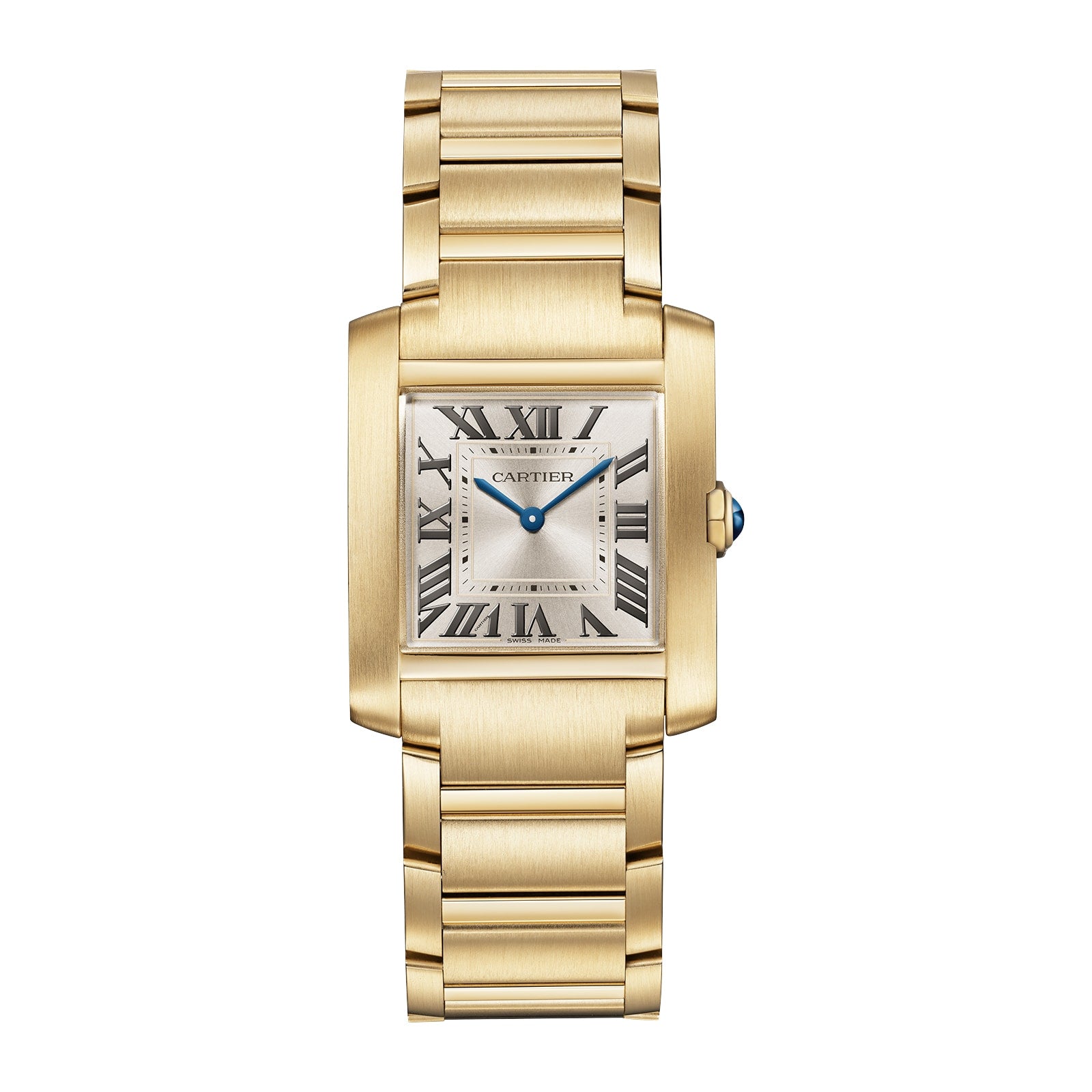 The Cartier Tank Française features a yellow gold bracelet, Roman numeral markers, blue hands, and the Cartier name on the dial.
