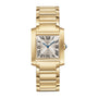 The Cartier Tank Française features a yellow gold bracelet, Roman numeral markers, blue hands, and the Cartier name on the dial.