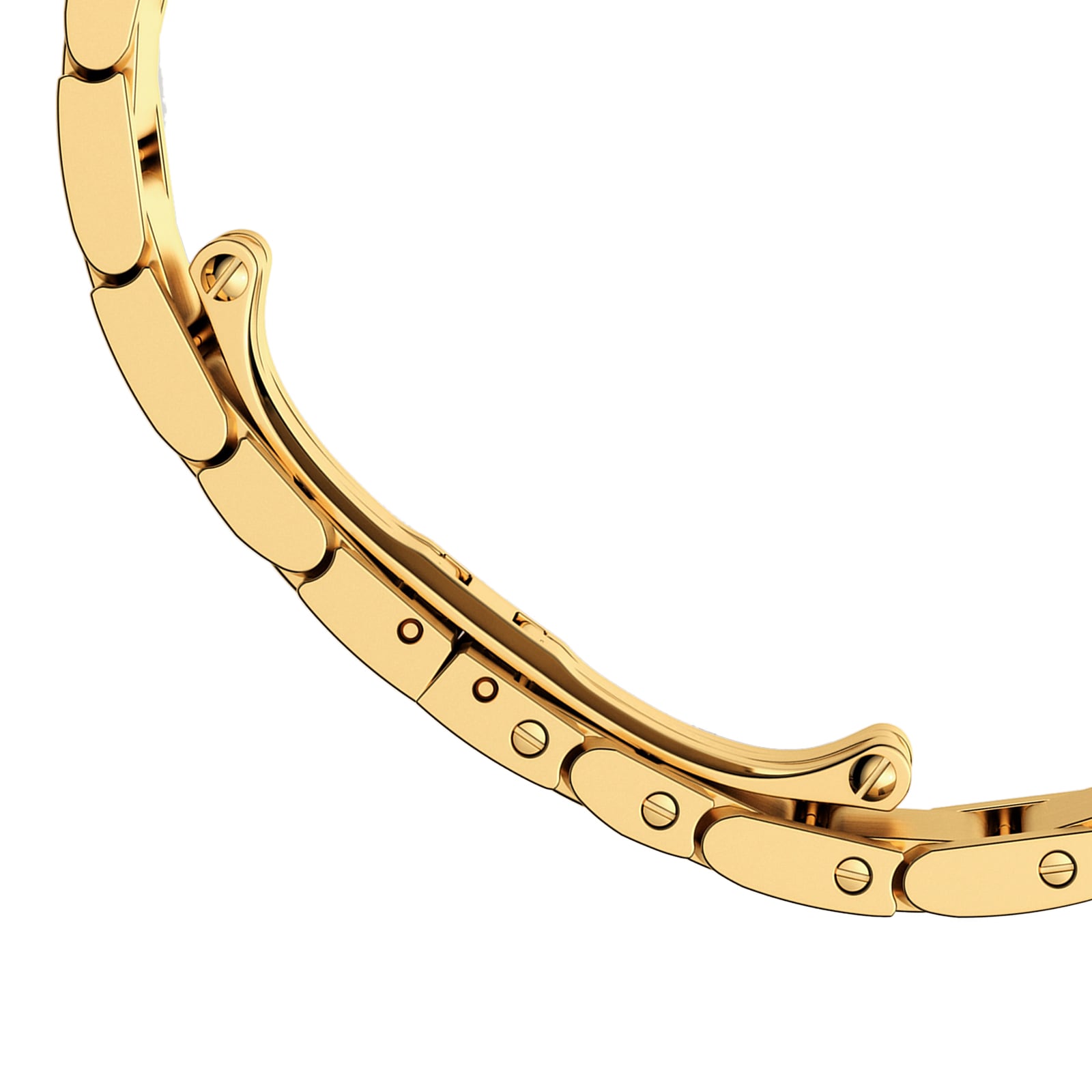 Close-up of the Cartier Tank Française yellow gold bracelet, showcasing its interlocking links and small surface screws.