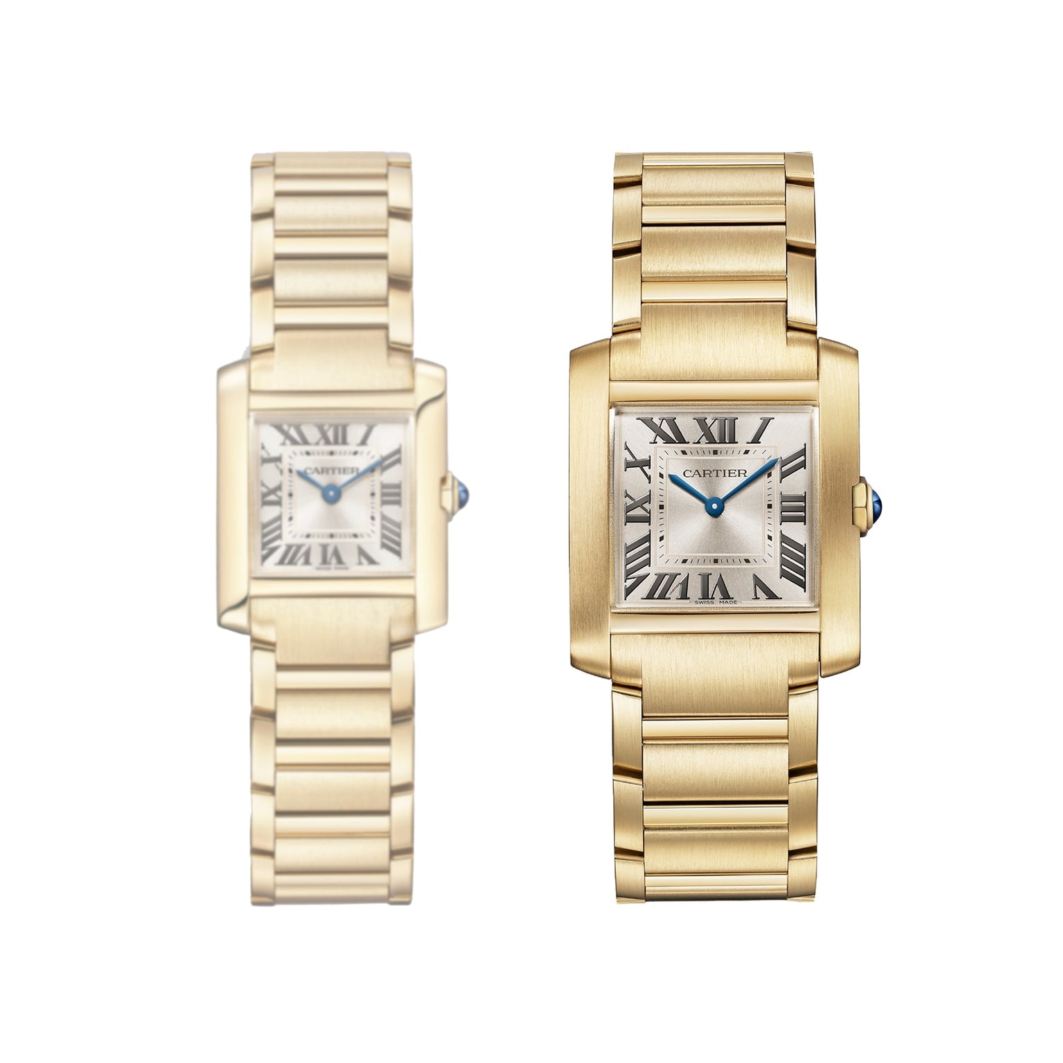 Two Cartier Tank Française watches with yellow gold bracelets, rectangular faces, Roman numeral markers, and blue hands are displayed side by side on a white background.