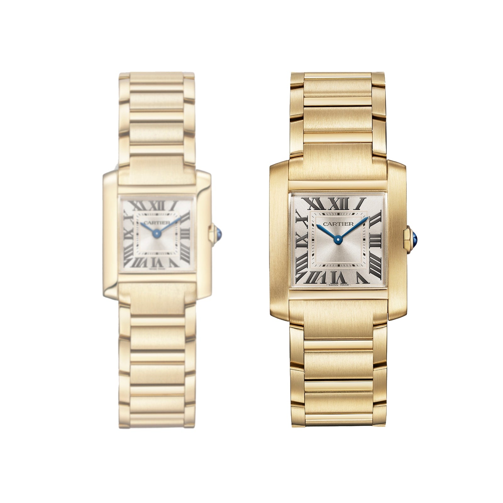 Two Cartier Tank Française watches with yellow gold bracelets, rectangular faces, Roman numeral markers, and blue hands are displayed side by side on a white background.