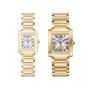 Two Cartier Tank Française watches with yellow gold bracelets, rectangular faces, Roman numeral markers, and blue hands are displayed side by side on a white background.