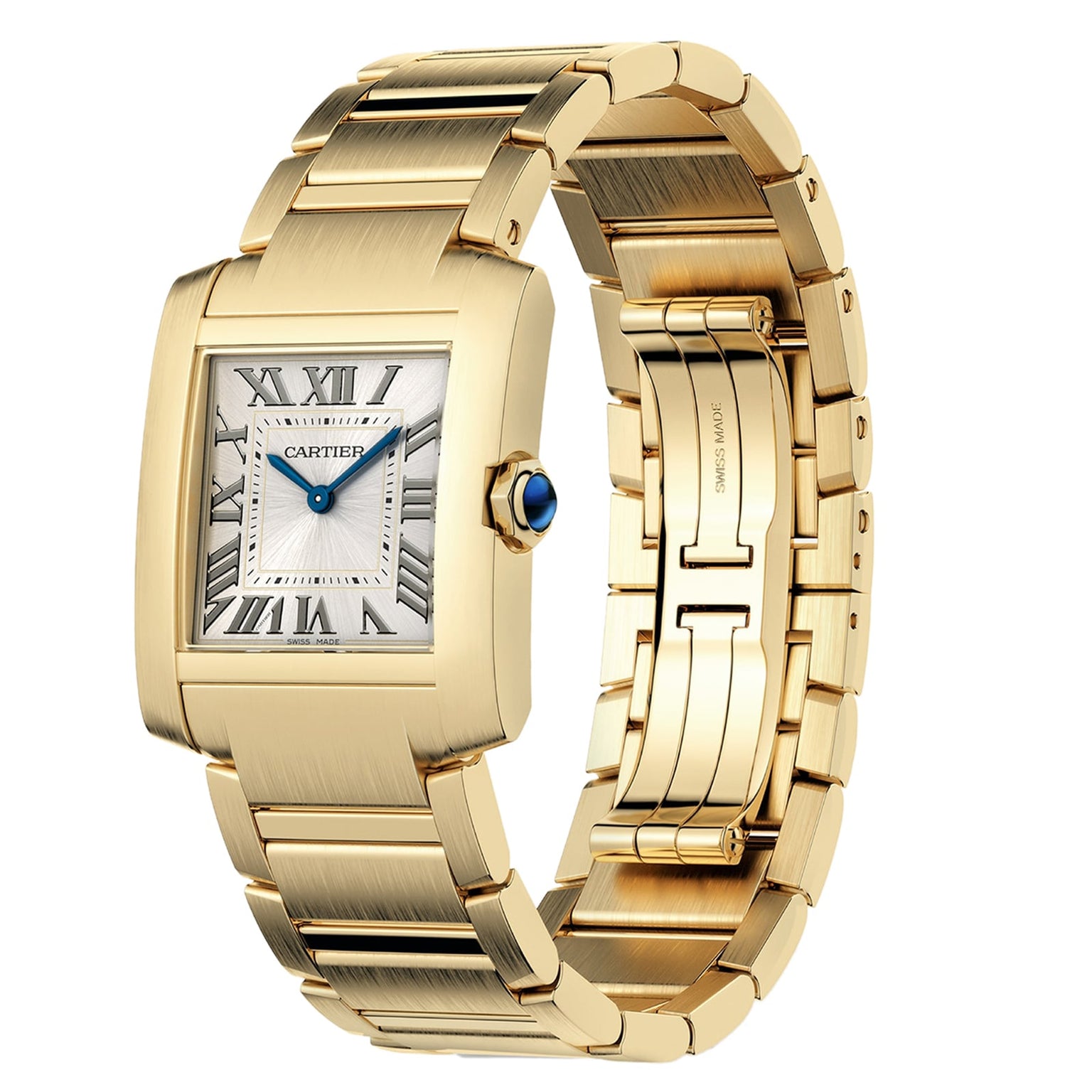 The Cartier Tank Française is a gold wristwatch featuring a square face, Roman numeral markers, silver dial, blue cabochon crown, and yellow gold bracelet.