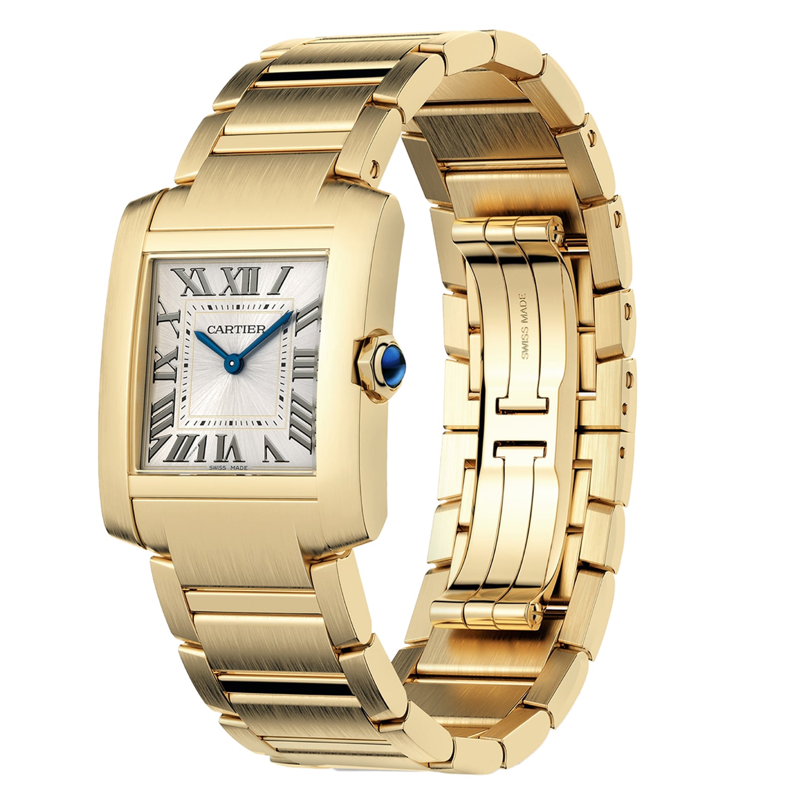 The Cartier Tank Française is a gold wristwatch featuring a square face, Roman numeral markers, silver dial, blue cabochon crown, and yellow gold bracelet.