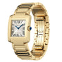 The Cartier Tank Française is a gold wristwatch featuring a square face, Roman numeral markers, silver dial, blue cabochon crown, and yellow gold bracelet.