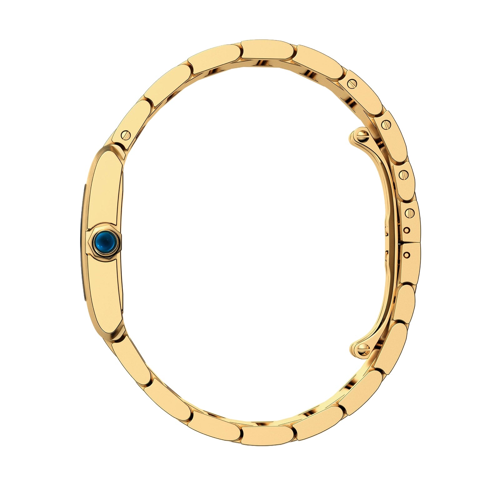 The Cartier Tank Française wristwatch features a yellow gold bracelet, a blue gemstone on the crown, and elegant Roman numeral markers, shown here from the side to emphasize its slim profile and distinctive linked band.