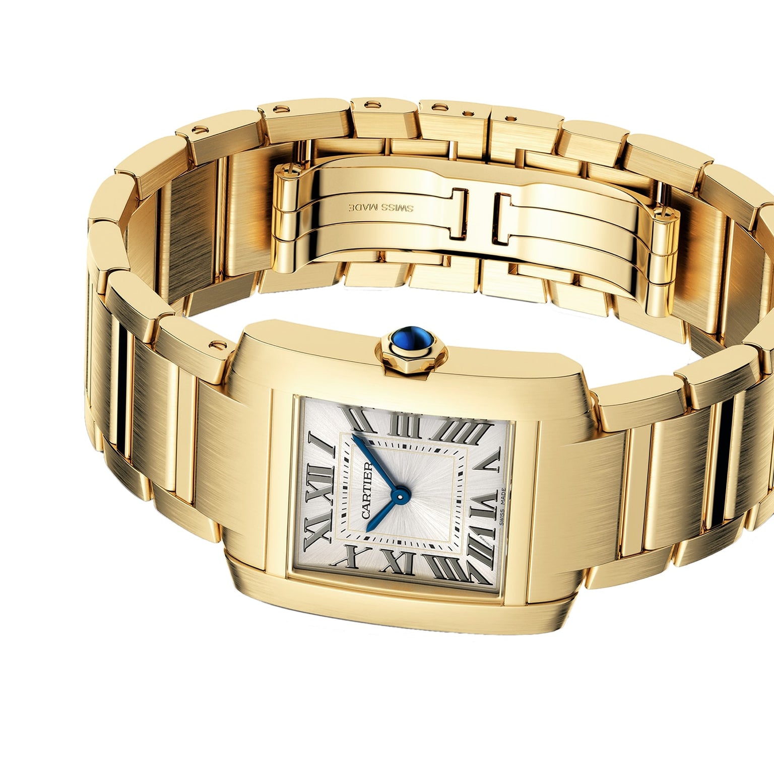 The Cartier Tank Française is a gold rectangular wristwatch with a yellow gold bracelet, Roman numeral hour markers, and a blue gemstone on the crown, shown against a white background.