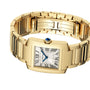 The Cartier Tank Française is a gold rectangular wristwatch with a yellow gold bracelet, Roman numeral hour markers, and a blue gemstone on the crown, shown against a white background.
