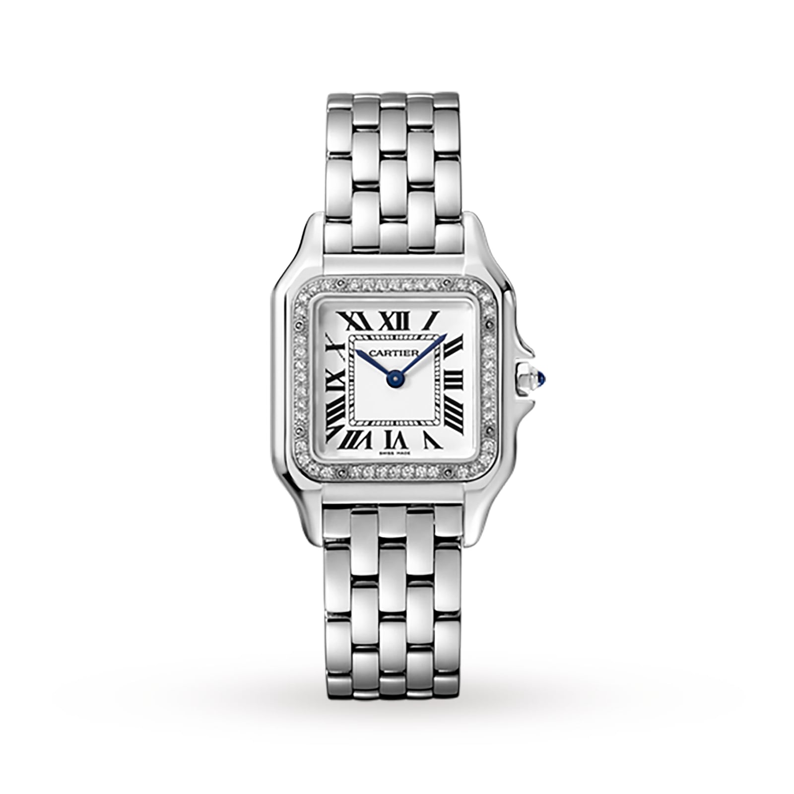 The Panthère de Cartier by Cartier is a jewellery watch with a square face, Roman numerals, blue hands, brilliant-cut diamond bezel, and a sleek silver metal link bracelet.