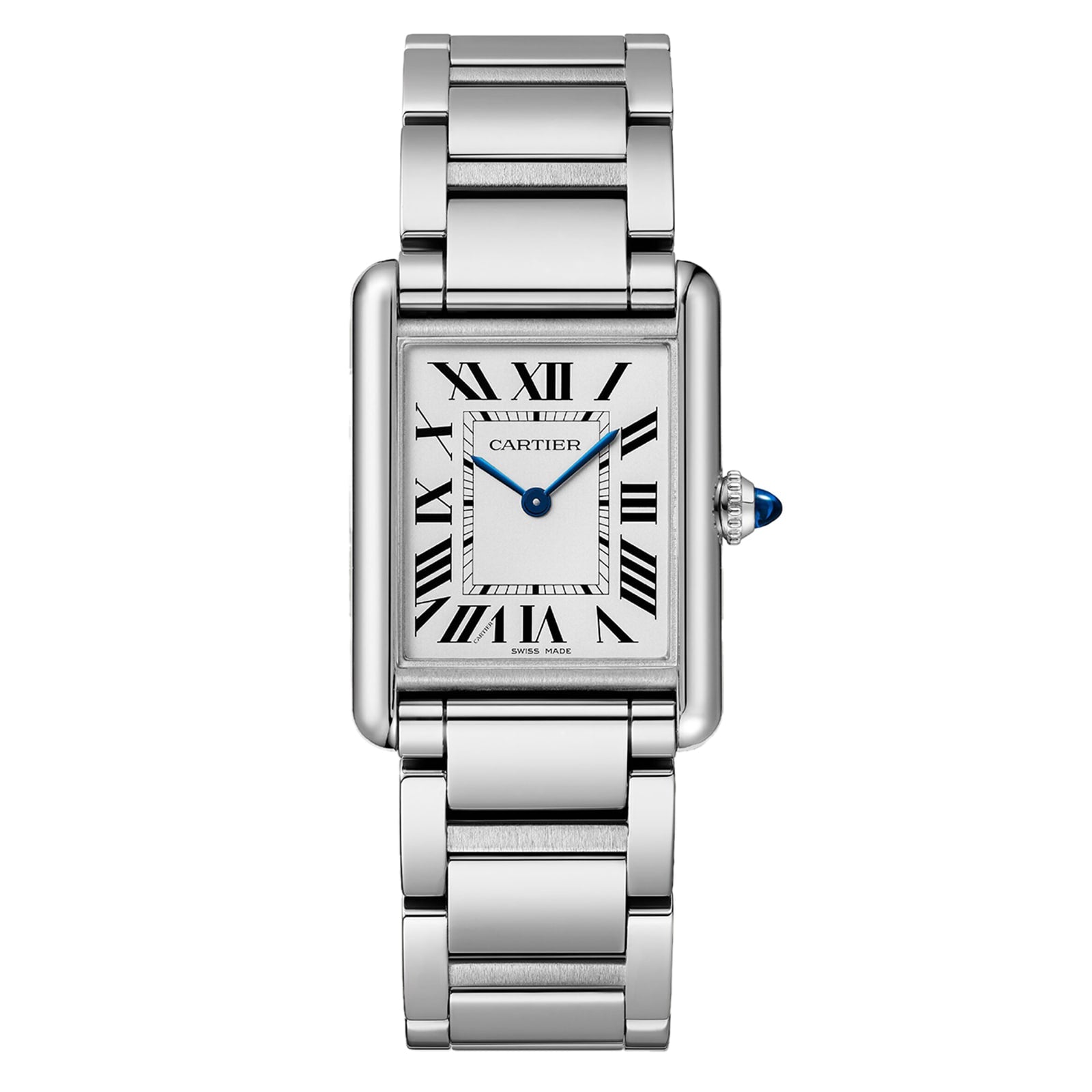 A Cartier Tank Must Solarbeat™ watch with a silver steel case, rectangular face, Roman numeral hour markers, blue hands, and a metal link bracelet.