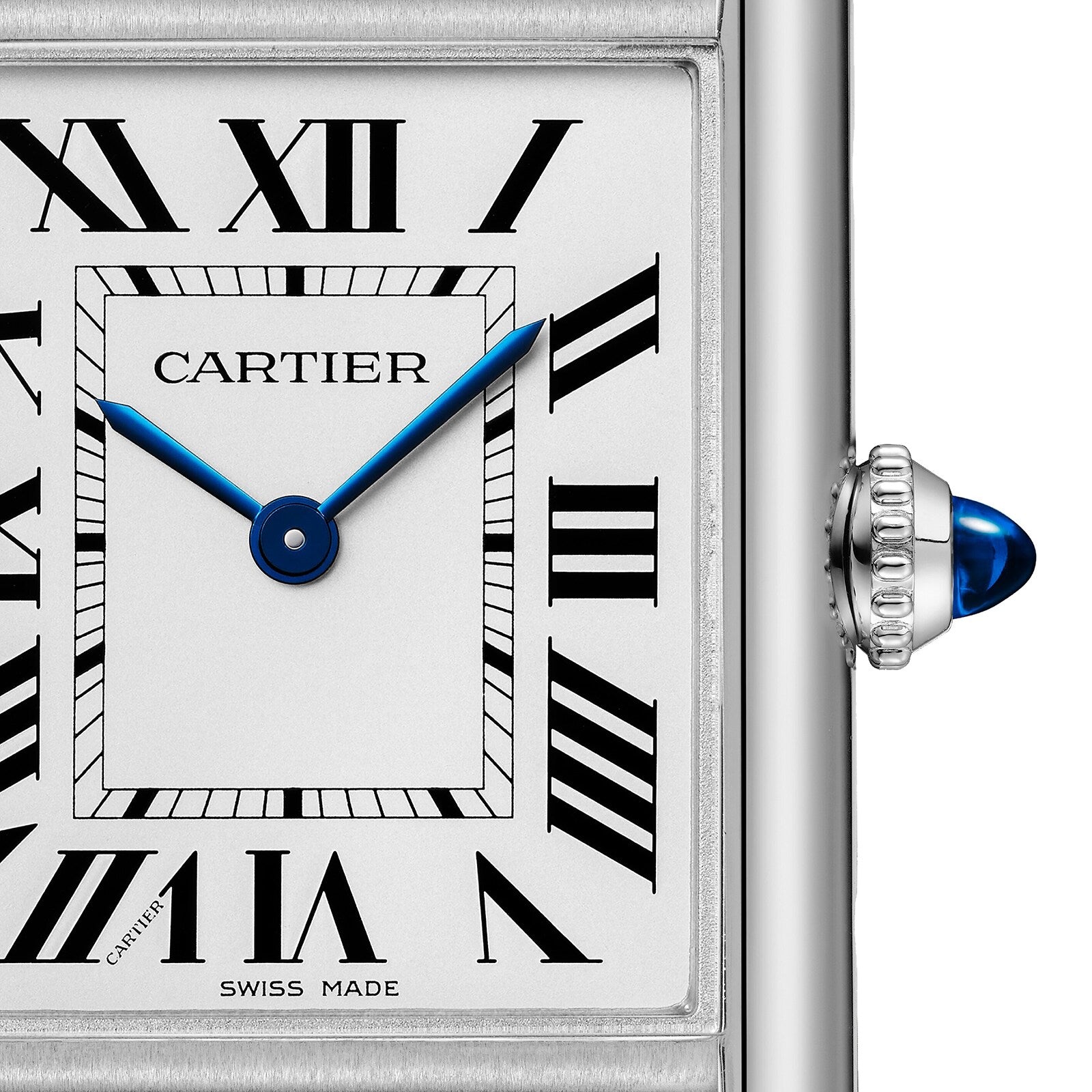 Close-up of the Cartier Tank Must Solarbeat™ Watch face with Roman numerals, blue hands, a steel case, and a blue cabochon crown—timeless elegance from Cartier in every detail.