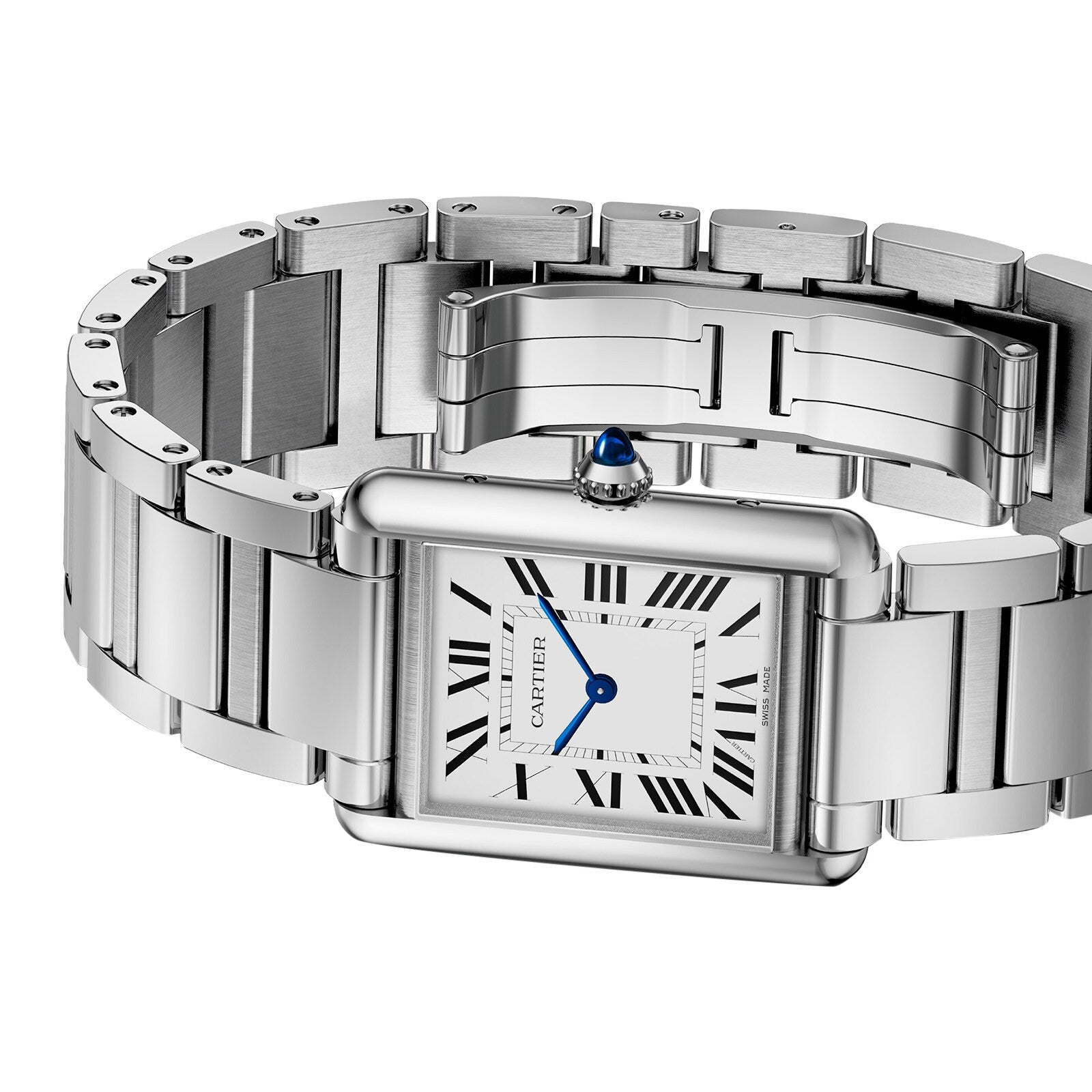 The Cartier Tank Must Solarbeat™ features a stainless steel rectangular case, white dial with black Roman numerals, blue hands, metal bracelet, and a blue gemstone set in the crown.