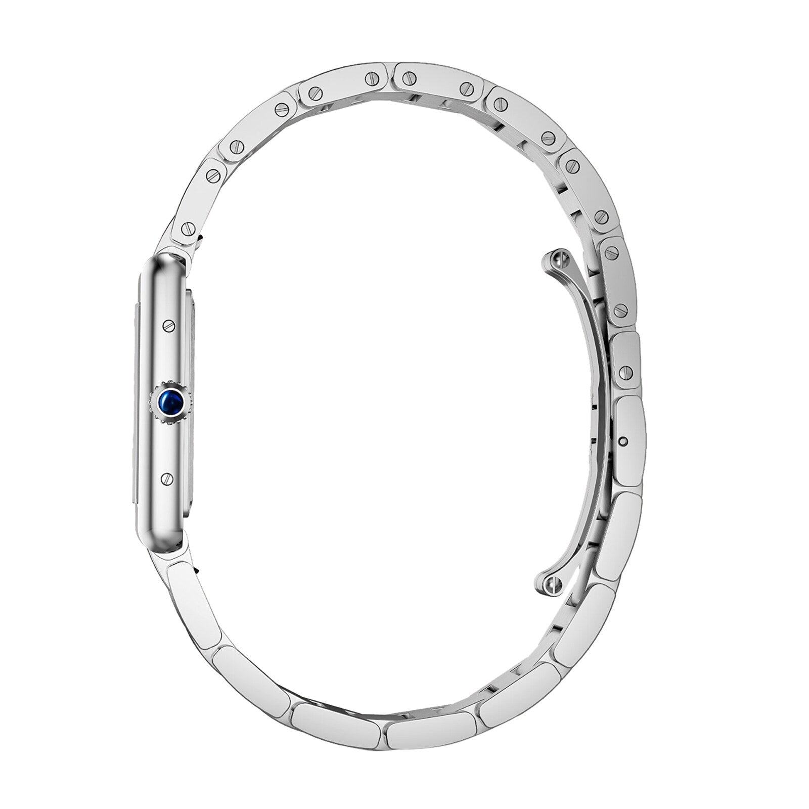 The Cartier Tank Must Solarbeat™ wristwatch, with a steel case and silver metal linked bracelet, is displayed from the side in an oval shape, highlighting its round blue crown.