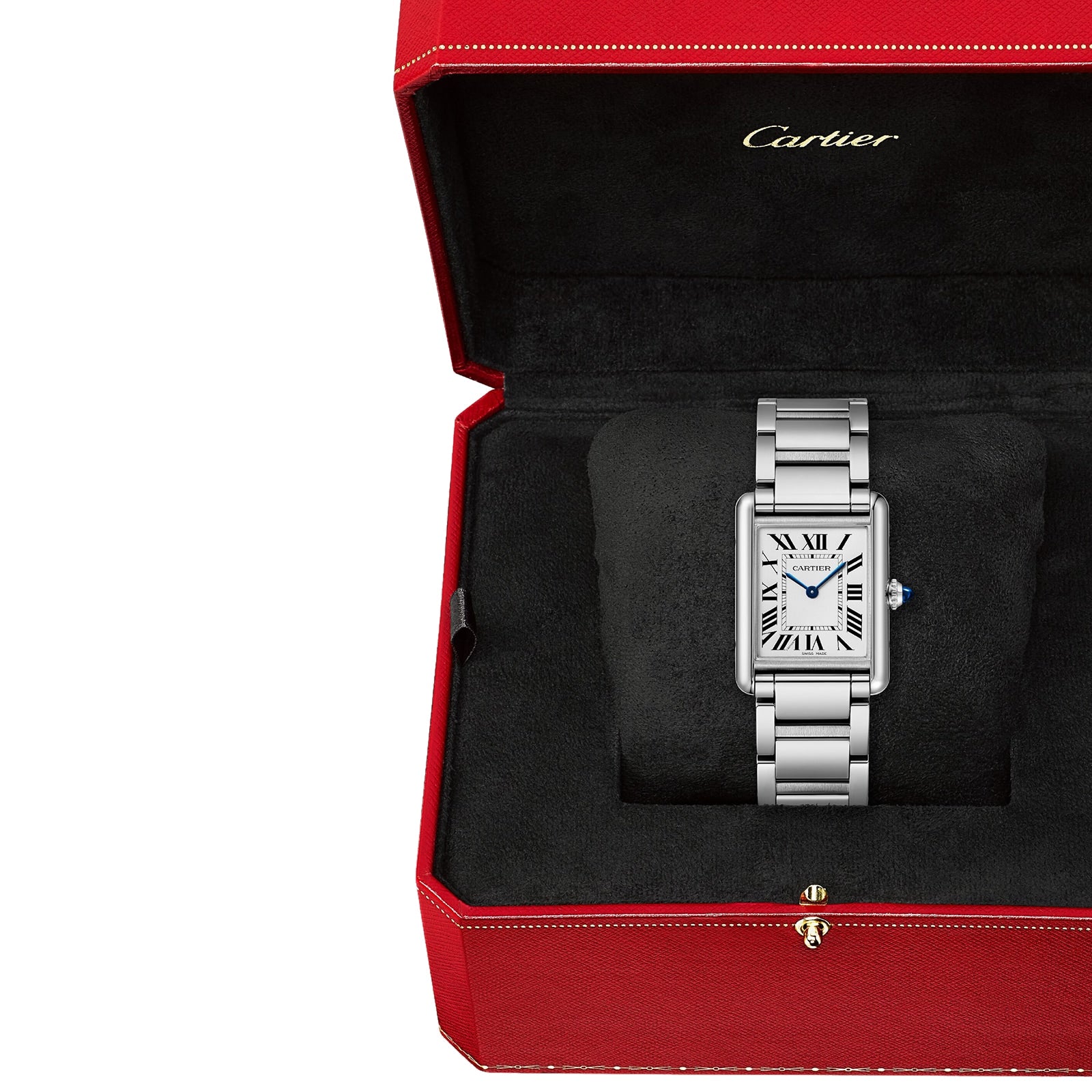 A Cartier Tank Must Solarbeat™ watch featuring a rectangular silver face and steel case, presented in a signature red Cartier box with black lining.
