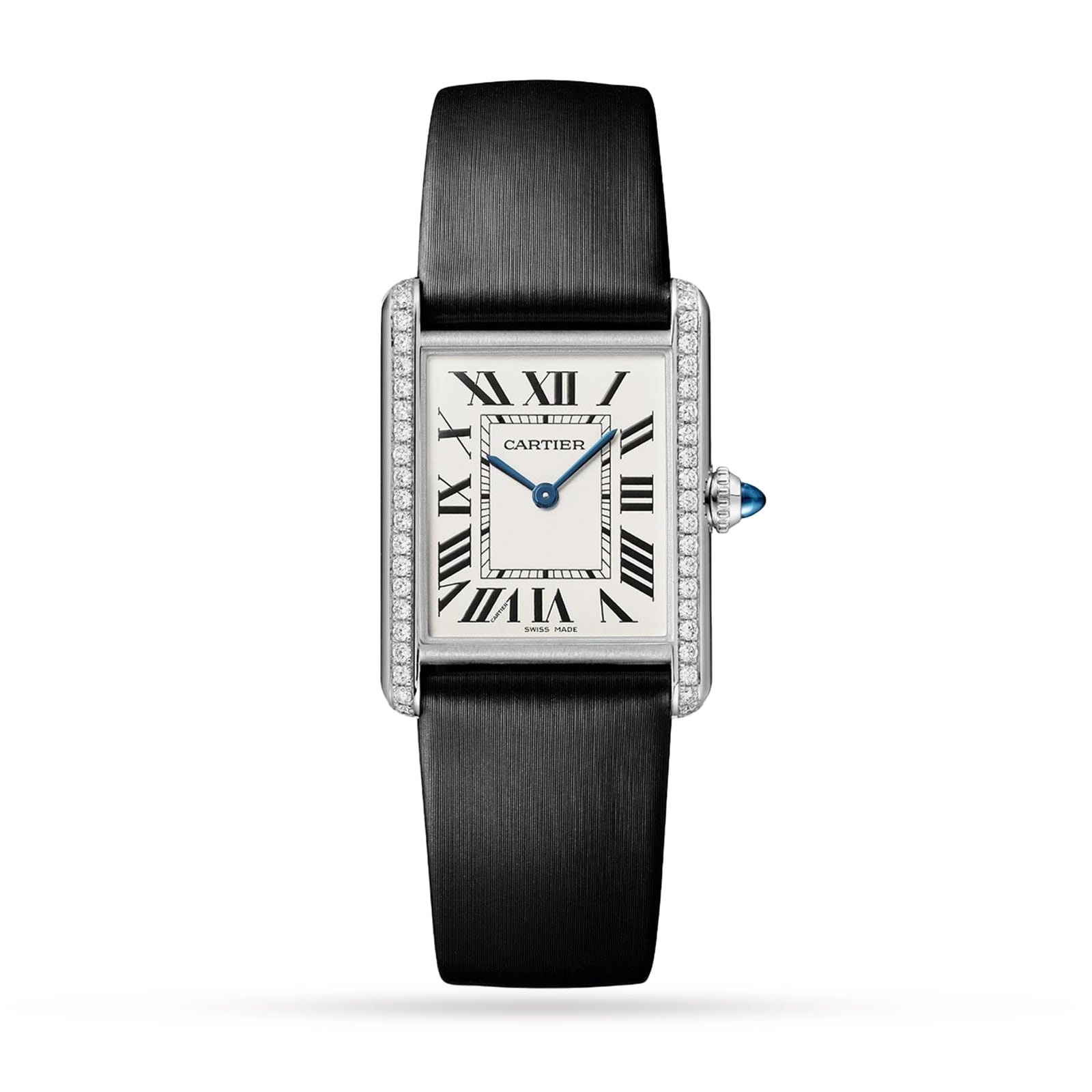 The Cartier Tank Must de Cartier watch features a rectangular case, white dial with black Roman numerals, blued hands, diamond bezel, and a black leather strap.