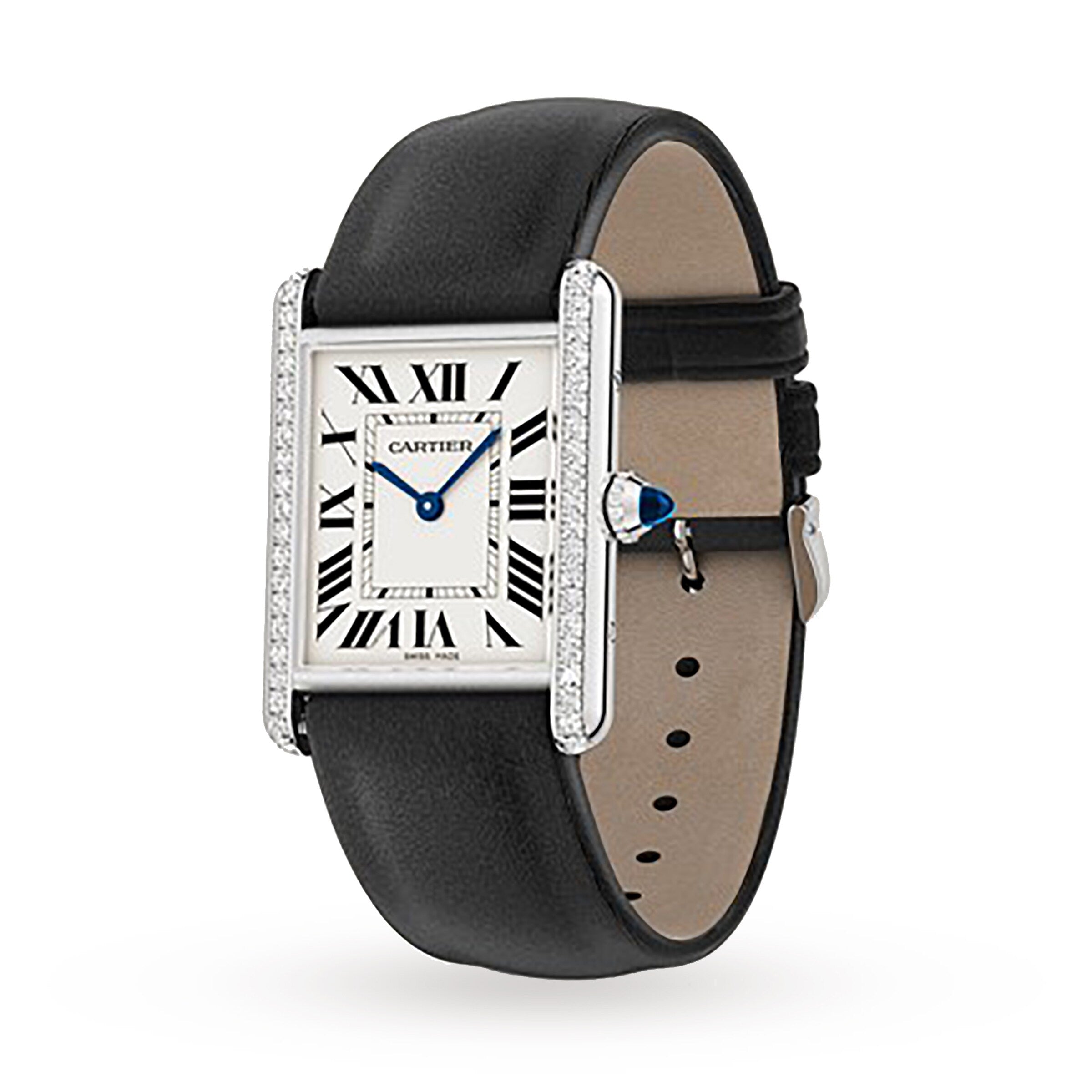 The Tank Must de Cartier by Cartier features a rectangular silver case, diamond-accented bezel, black leather strap, white dial with Roman numerals and blue hands, plus precise quartz movement for reliable timekeeping.